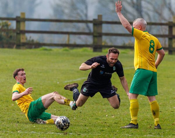 New Oak’s James McGrath is fouled by Crettyard’s Ryan Byrne. Photo: michaelorourkephotography.ie