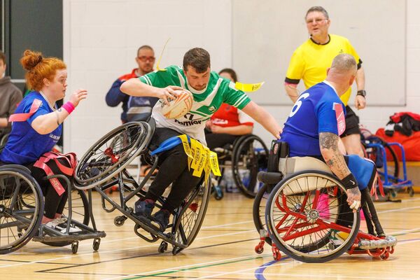 The action was fierce during the Leinster Wheelchair Rugby League match between Leinster and a ‘Select’ team in Tyndall College, Carlow. Photo: michaelorourkephotography.ie