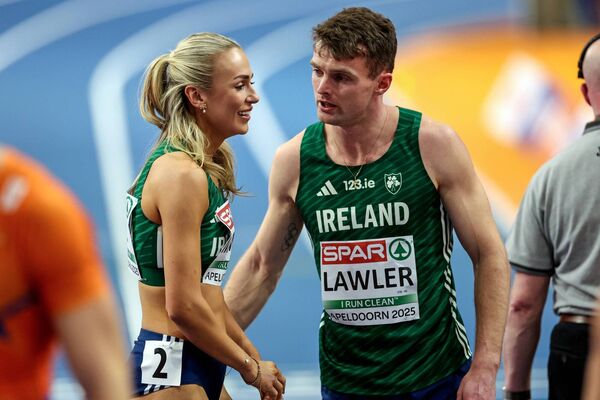 Marcus Lawler with team mate Sharlene Mawdsley after the mixed 4x400m relay final at the European Athletics Indoor Championships in Apeldoorn, Netherlands Photo: ©INPHO/Morgan Treacy Marcus Lawler with team mate Sharlene Mawdsley after the mixed 4x400m relay final at the European Athletics Indoor Championships in Apeldoorn, Netherlands Photo: ©INPHO/Morgan Treacy