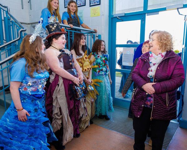 Mia Kenny, Molly Palmer, Jessica Sheehan, Katie Cahill, Katie Myers and Emma Langrell wear their Junk Kouture outfits while welcoming grandparents to the Grandparents and Special Persons Day in Coláiste Eoin, Hacketstown Photos: michaelorourkephotography.ie