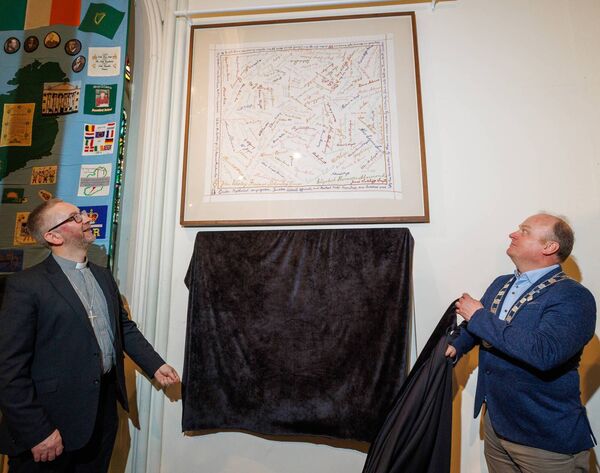 Cllr Fergal Browne, cathaoirleach of Carlow County Council and Rev John Alderdice, President of the Methodist Church in Ireland, unveiling the two Methodist Church objects in Carlow County Museum Photo: michaelorourkephotography.ie Cllr Fergal Browne, cathaoirleach of Carlow County Council and Rev John Alderdice, President of the Methodist Church in Ireland, unveiling the two Methodist Church objects in Carlow County Museum Photo: michaelorourkephotography.ie