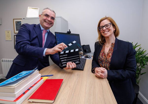 Minister Dara Calleary shares a lighthearted moment with Eimear Ní Bhraonáin, who runs one of the businesses based at Station House Community and Enterprise Connected Hub