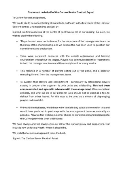 Carlow Senior Football Statement 