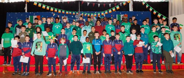 Pupils performing during the Seachtain na Gaeilge activities at Askea Boys NS 