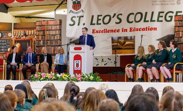 Tánaiste Simon Harris addresses students at St. Leo's College, Carlow, discussing education, leadership, and the future of young people in Ireland
