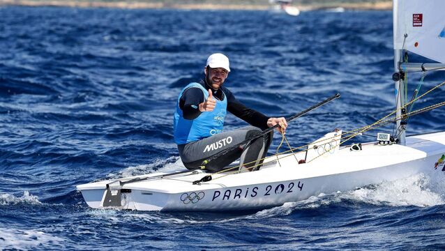 <p> Ireland’s Finn Lynch celebrates after finishing third in the Princess Sofia Regatta at Bay of Palma, Mallorca, Spain Photo: ©INPHO/Oceansport/David Branigan</p>