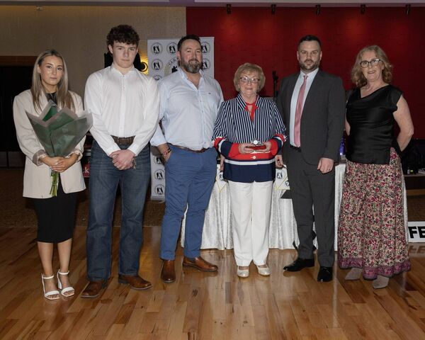 P.J Byrne chairman Fenagh GFC presented the Life time Achievement award to Mary Nolan on behalf of her husband Pat Nolan. Chloe Roche, Even, Ray and Mary Nolan, P.J Byrne and Eileen Nolan.