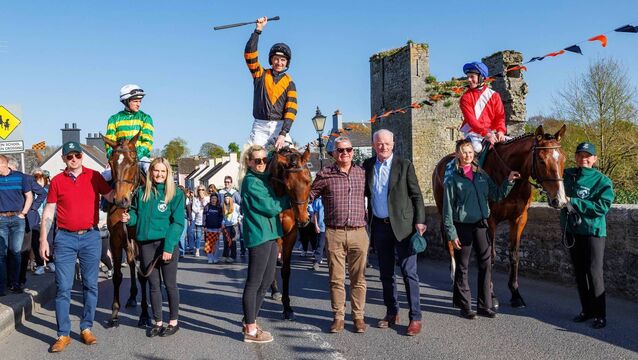 <p>Grand National winner Nick Rockett pictured with jockey Patrick Mullins, Willie Mullins trainer, groom Katie Walton and owner Stewart Andrew during a hero’s welcome at his homecoming in Leighlinbridge. Photo: michaelorourkephotography.ie</p>