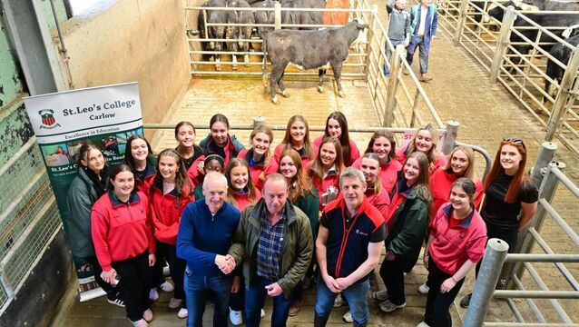<p>Ag science students from St Leo's College at Leinster Marts last week, where their heifer calf was sold to Jimmy Walshe of Park House, Carlow for €2,000 Photo: Roger Jones</p>