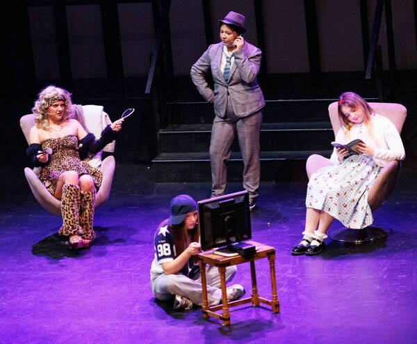 Aleksandra Potocka as Matilda, Molly McEvoy as Mr. Wormwood, Roisin Brennan as Mrs Wormwood and Lily Murphy as Michael on stage during St. Leo's College presentation of Matilda and the Revolting Children in Visual. Photo: michaelorourkephotography.ie
