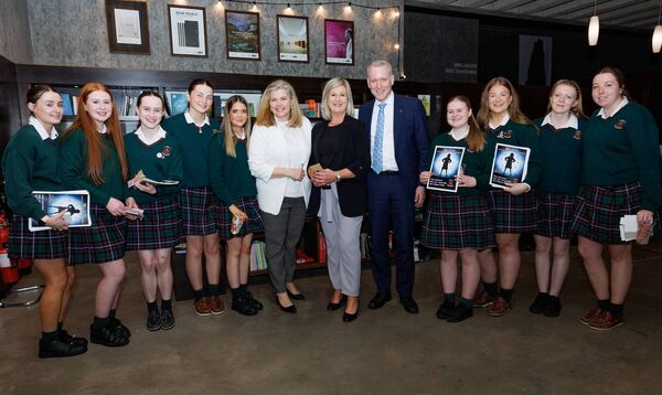 Principal Niamh Broderick, centre, with deputy principals Ian Curran and Emma Dwyer and members of the student leadership team pictured at St Leo's College presentation of Matilda and the Revolting Children. Photo: michaelorourkephotography.ie