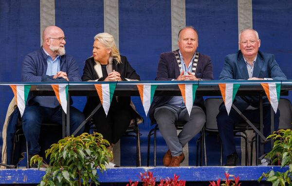 Pictured on the reviewing stand at the Hacketstown Easter Parade, cllr Will Paton, minister Jennifer Murnane O’Connor, cllr Fergal Browne cathaoirleach of Carlow County Council and cllr John Pender
