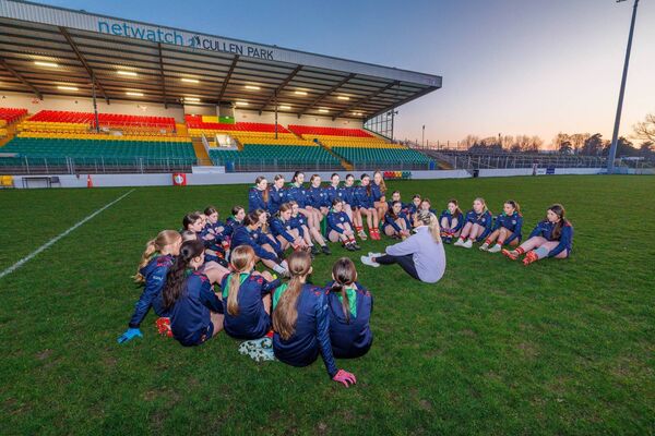 Cork star Bríd Stack speaks to the Carlow LGFA U14 squad at Netwatch Cullen Park Photo: michaelorourkephotography.ie