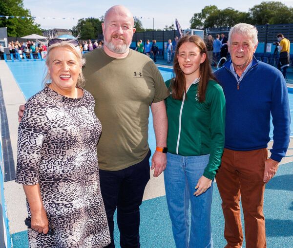 Róisín Ní Ríain with minister Jennifer Murnane OConnor, Mark Devine and Michael Gaynor, who spent 50 years as chairman of Bagenalstown Swimming Pool
