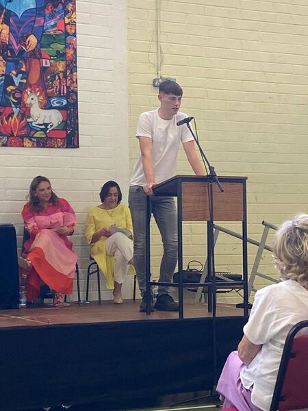 Eoin Myres, Sixth Year Student of the Year 2024, addressing staff and students of CBS