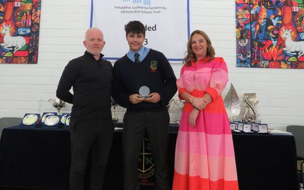 Andrii Kravchenko, Second Year Student of the Year, with teacher Mick Kehoe and principal Fiona Lennon