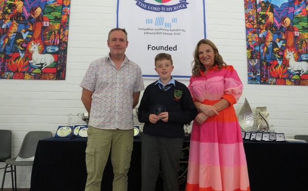 Billy Holloway, First Year Student of the Year 2025, with teacher Joe Nolan and principal Fiona Lennon 