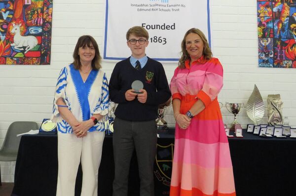 Seán O'Brien, Third Year Student of the Year, with teacher Joan McKeon and principal Fiona Lennon 