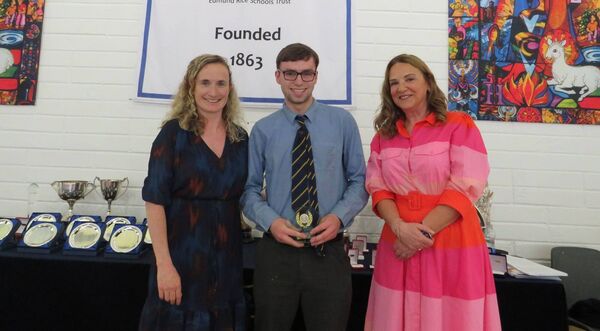 Teacher Ella Mahon, Ethan O'Donovan who won the Outstanding Achievement Award, and principal Fiona Lennon