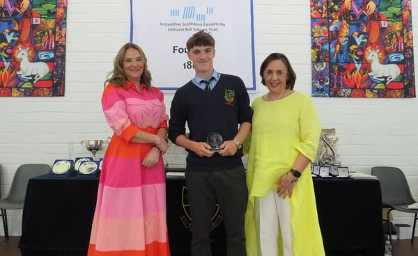 Leon Fitzgerald, Fifth Year Student of the Year, with principal Fiona Lennon and teacher Theresa O'Neill