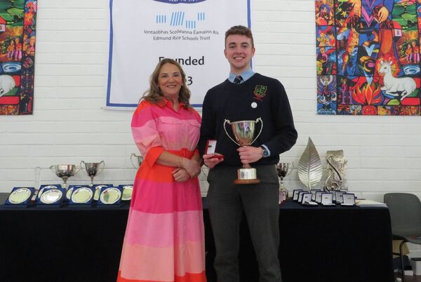 Principal Fiona Lennon and Paddy Walshe, winner of the Edmund Rice Award 2025