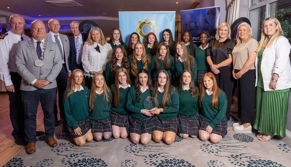 St Leo's College, winners of the 'Community Safety' award at the Garda Youth Awards 2025 in the Dolmen Hotel, Pictured with the students are Niamh Broderick (principal), Ian Curran and Emma Dwyer (deputy principals), cllr Fergal Browne (cathaoirleach of Carlow County Council), Superintendent Anthony Farrell (Carlow Garda Station), Garda John Byrne (juvenile liaison officer, Carlow Garda Station), Minister Jennifer Murnane O'Connor and teacher Karen Brennan