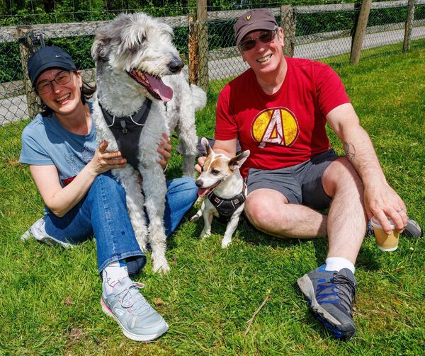 Jennifer and Roger Brennan with their dogs Paddy and Scooby