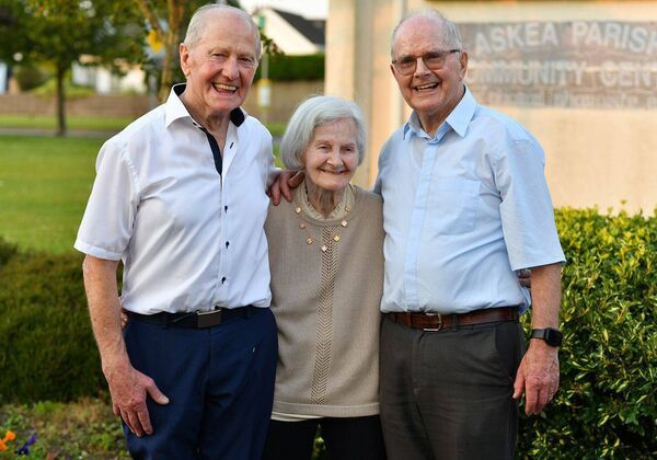 Fr Tommy Dillon with his siblings Oliver and Mary who attended his anniversary party in Askea Parish Community Centre Photo: Rory Kellett 
