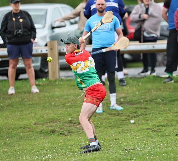 Ciaran Abbey takes his first shot in the Leinster Poc Fada on Saturday at the Nine Stones Photo: Pat Ahern
