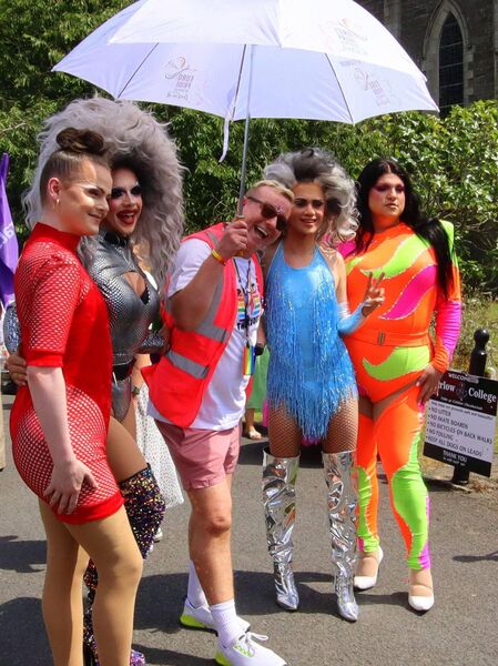 Pride festival chairman John Paul Payne with drag queens Tracy, Onya, Sassy and Mona Pride festival chairman John Paul Payne with drag queens Tracy, Onya, Sassy and Mona