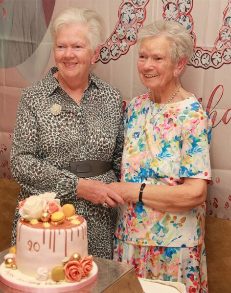Sheila Jordan at her 90th birthday party in colored outfit with her sister Anne Archbold Sheila Jordan at her 90th birthday party in colored outfit with her sister Anne Archbold