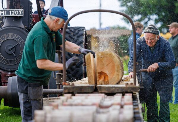 Freddy Booth and Vinnie Fennelly sawing timber on a vintage sawing machine Freddy Booth and Vinnie Fennelly sawing timber on a vintage sawing machine