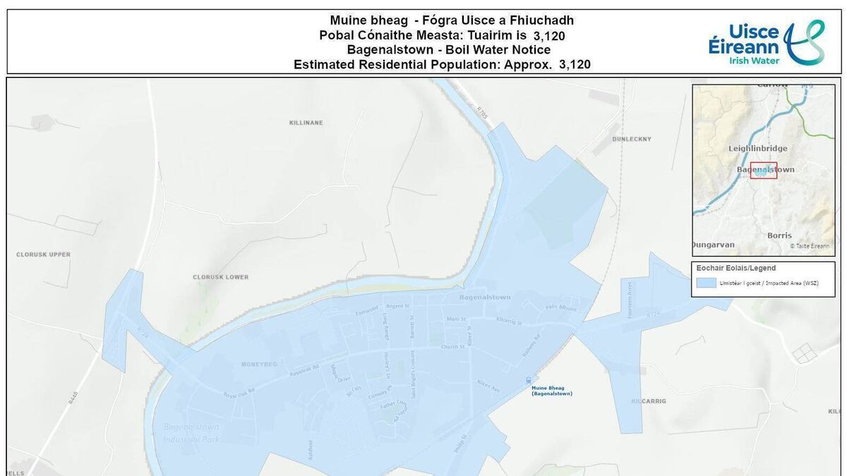 Uisce Éireann issues boil water notice for Bagenalstown