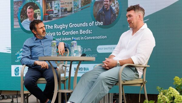 Rugby legend Peter O’Mahony joins BBC Gardeners’ World presenter Adam Frost on stage at the Arboretum as part of the Carlow Garden Festival. Pic: © Michael O’Rourke Photography