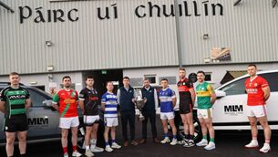 <p>Sponsors Michael Lyng Hyundai Aaron O'Byrne (Sales Executive) and Conor Hogan (Manager) with Carlow Senior Football Championship captains - Ciaran Cunningham (Bagenalstown Gaels), Stephen Reilly (Palatine), Eoin McDonald (Fenagh), Danny Moran (Tinryland), Aaron Amond (Old Leighlin), Edward Byrne (Mount Leinster Rangers), Josh Moore (Rathvilly) and Mark Furey (Éire Og) </p>