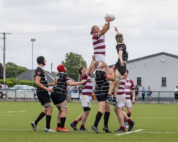 Tullow's Joe Waters wins this line out from Kilkenny's Caleb Hogan Eyre.