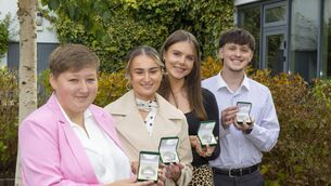 <p>Students from County Carlow were awarded by the KCETB. Pictured are Zoe Joyce, Borris College, Ruby Connolly, Coláiste Eoin, Hannah Doyle, Tyndall College, Dylan Jenkins, Coláiste Aindriú. Photo: Patrick Browne</p>