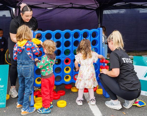Tasha Sheehan and Ella Meyler from Active Carlow help the children play a game