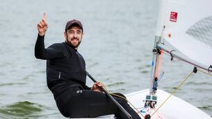 <p>Carlow's Finn Lynch celebrates his Gold-medal victory at the Sailing Grand Slam Final in the Netherlands today (Sunday, Sep 21). Photo: © SAILING ENERGY/Dutch Water Week</p>