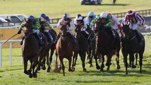 <p>Niall McCullagh on Puturhandstogether leads home the field in the The Friends Of The Curragh Irish Cesarewitch Photo: ©Lorraine O’Sullivan </p>