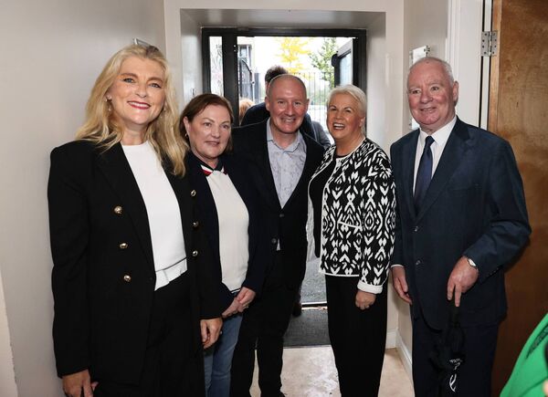 Presidential candidate, Jim Gavin, centre, with MEP Cynthia Ní Mhurchú, Helena Douglas from Bosom Buddies Women's Shed, Minister of State Jennifer Murnane O'Connor and cllr John Pender 