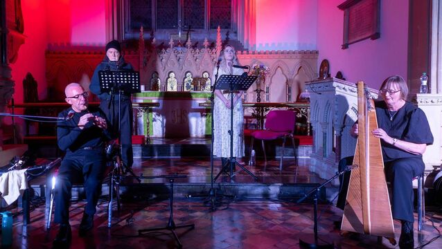 <p>John MacKenna narrates, Brian Hughes accompanies on the uileann pipes, Margaret Hoban on the harp and Katie Jacques (vocalist) during 'South! Always South!' in St Mary's Church in Carlow Photos: Michael O'Rourke Photography</p>