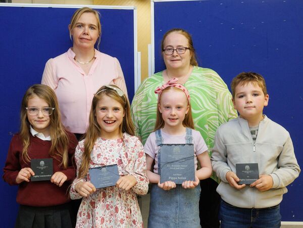 Winners in the 'Beautiful Flowers' Art First and Second Class category: (1st) Pippa Nolan (Ballon NS), (2nd) Charles Keane (Rathvilly NS), (3rd) Ellie Brennan (St Mary's NS, Bagenalstown), highly commended Isla Hennessy (Rathvilly NS), Willow Fahey (Rathoe NS), Hannah Skelton (Clonegal NS), Thomas Kane (Bigstone NS) and Lenie Coleman (Clonegal NS)