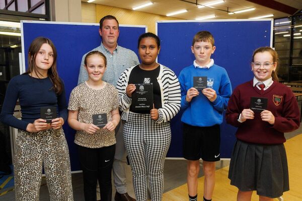 Winners in the Handwriting Fifth and Sixth Class and Fourth Class category: (1st) John McCrae, (2nd) Anami Mary Saji (Ballon NS), highly commended Leanne Graham (St Mary's NS, Bagenalstown), Emily Wilson (Rathoe NS), Eve Dinsdale (Clonegal NS) and Tommy Curry (Ardattin NS)