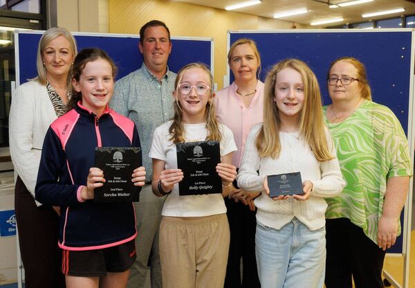 Winners in the Essay Fifth and Sixth Class category: (1st) Holly Quigley (Grange NS), (2nd) Sorcha Walter (Kildavin NS), (3rd) Sarah Ryan (Kildavin NS), with Elaine Byrne and Deirdre Murphy of AIB Tullow, Nicola Brennan (Tullow Show Art Committee) and Robert Keogh (chairman, Tullow Show)