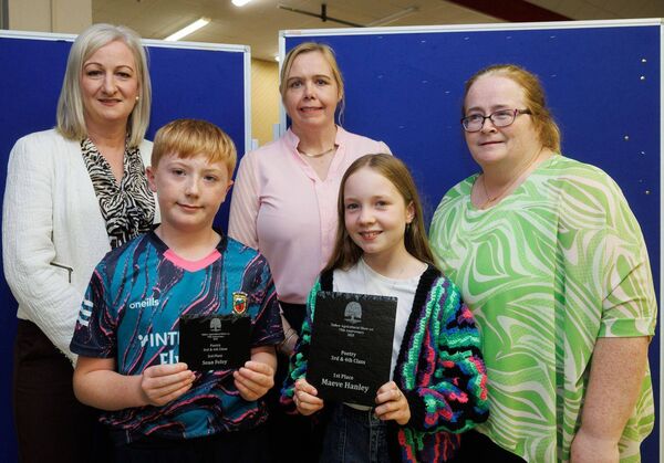 Winners in the Poetry Third and Fourth Class category: (1st) Maeve Hanley (Grange NS), (2nd) Charlie Humphries (Donard NS), (joint 3rd) Holly Hanbidge (Donard NS) and Sean Foley (Bigstone NS)