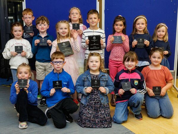 Winners in the Art Junior and Senior category: (1st) Mikoloj Laskawiec (Bigstone NS), (2nd) Gabriela Bride (St Columba's NS), (3rd) Maddison Van Hoff (Rathoe NS), with recipients of the highly commended award