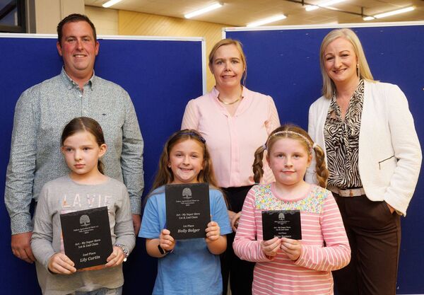 Winners in the Art First and Second Class category: Holly Bolger (Rathvilly NS), (2nd) Lily Curtin (St Mary's NS, Bagenalstown) and (3rd) Daisy Eustace (Rathoe NS)