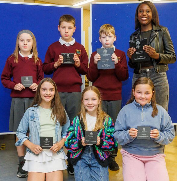 Winners in the Handwriting Third and Fourth Class category: pictured are (1st) Uku Murphy (Clonegal NS), (2nd) Tamia Muyambo (Grange NS), (joint 3rd) Thomas Osborne (Clonegal NS) and Molly Walsh (Clonegal NS), with highly commended Chloe Collier (St Columba's NS), Maeve Hanley (Grange NS), Eimear Osborne (Clonegal NS), Ciara Curran (Grange NS), Grace Kelly (Grange NS) and Willow Malone (St Columba's NS)