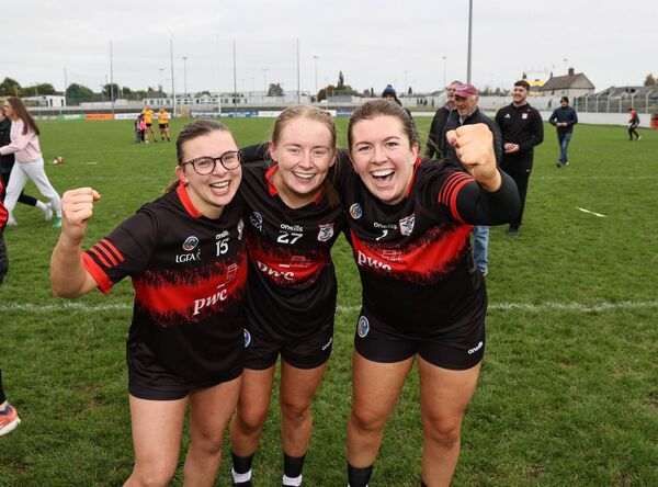 Rachel Bible, Maeve Lawlor and Catherine Kavanagh celebrate Mount Leinster Rangers' famous win Photo: Pat Ahern
